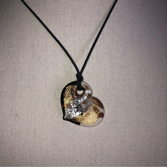 Murano Glass Heart Black & White with Gold, Silver, and Copper Crackle Glaze - Picture 4 of 12